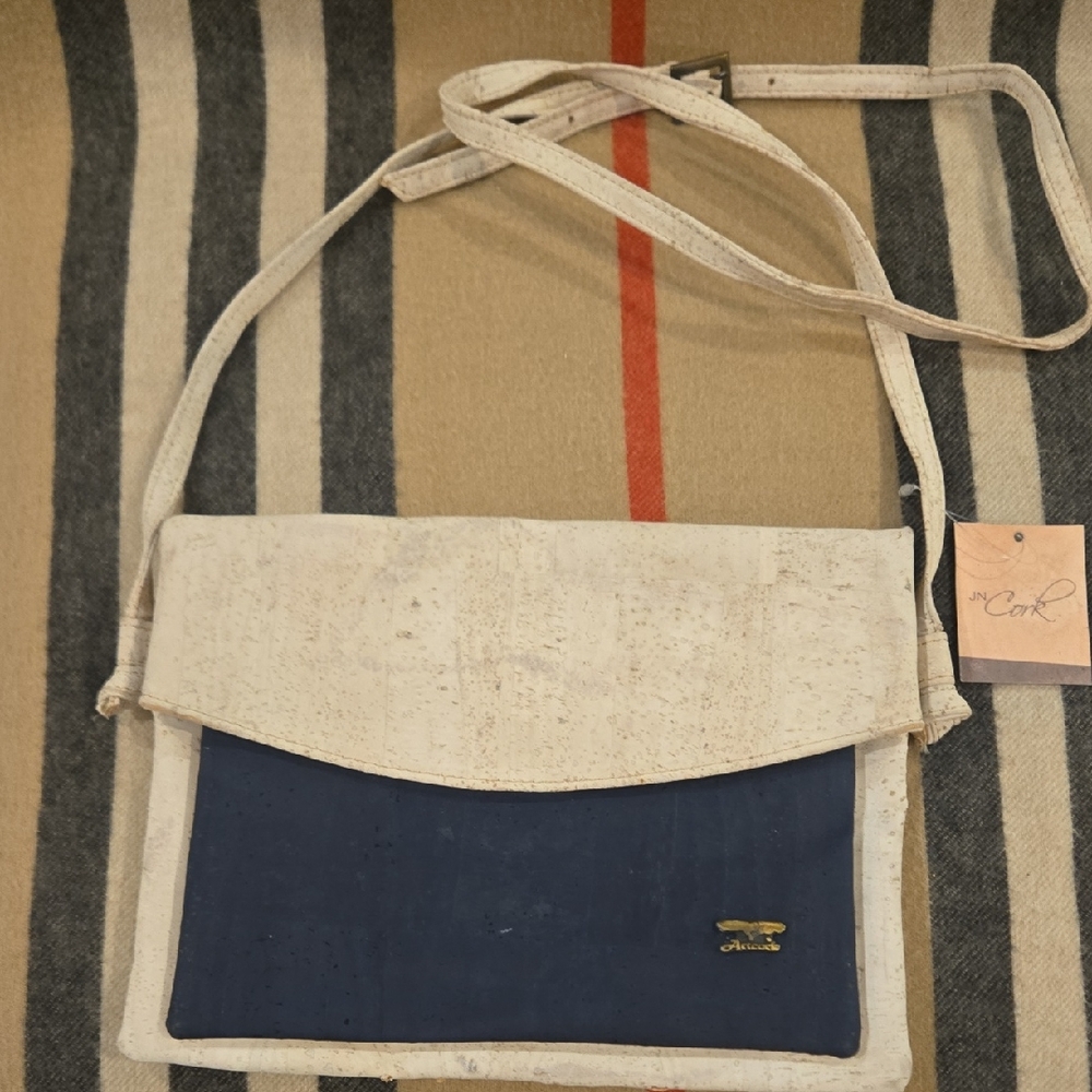 CorkLife Artcork Biege And Blue Envelope Front Folding Shoulder Bag  NWT - Picture 1 of 6